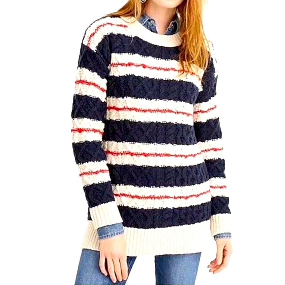 JCrew Chunky Preppy  Gabby Striped Cable Knit Merino Wool Blend Sweater in Small
